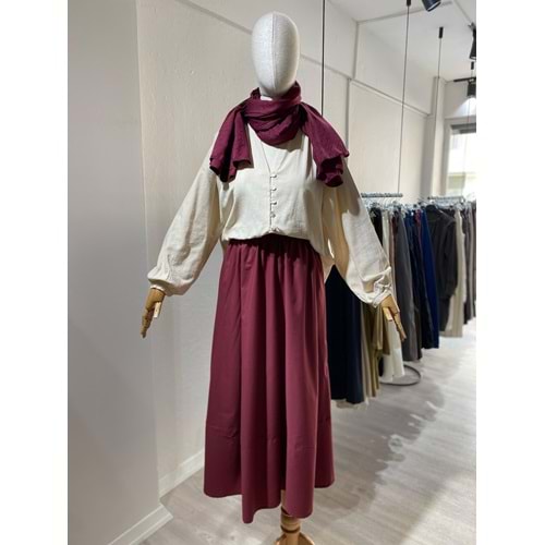 Beli Lastikli Astarlı Bordo Poplin Etek S-M Beden