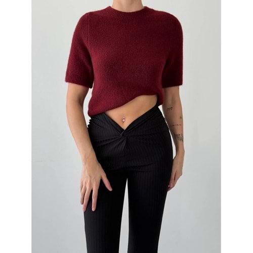 Kısa Kol Bisiklet Yaka Standart Bordo Kazak