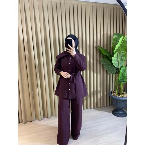 Sovera Krep Geniş Yaka Tunik Palazzo Pantolonlu Bordo Takım 1 Beden