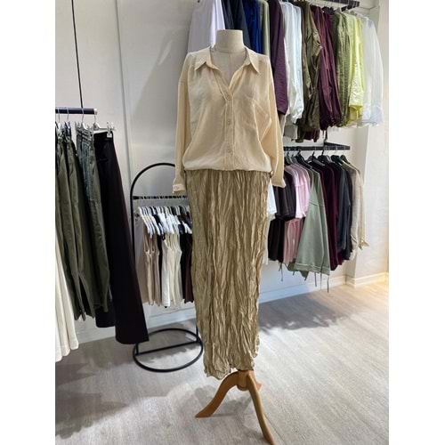 Beli Lastikli Kırışık Bej Etek L Beden 7994