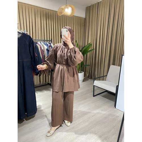 Pantolonlu Tunik Keten İpli Kahverengi Takım 1 Beden