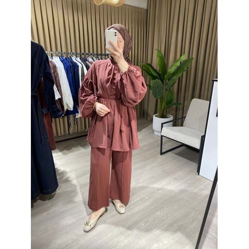 Pantolonlu Tunik Keten İpli Kiremit Takım 1 Beden