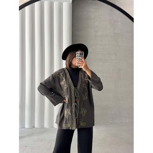 Tensel Nakış Detaylı Antrasit Kimono 1 Beden