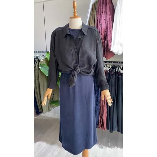 Düşük Omuzlu Oversize Tensel Kadın Siyah Gömlek Standart