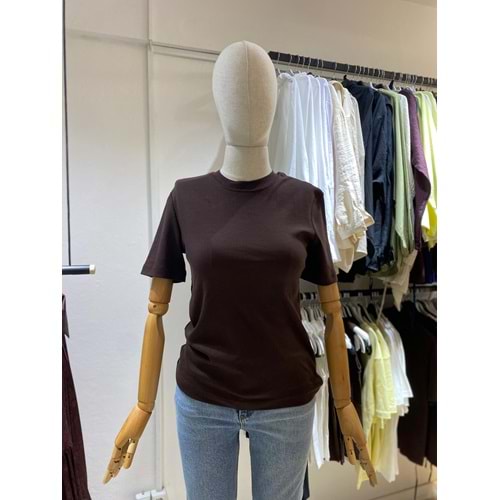 Pamuk Bisiklet Yaka Kadın Kahverengi T-shirt M Beden