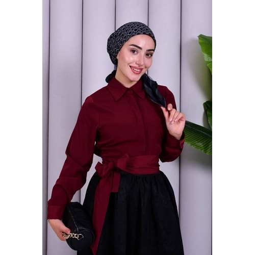 Belden Bağlama Detaylı Saten Mürdüm Kısa Kadın Gömlek 3 Beden