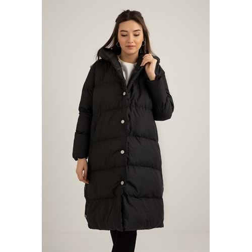 Çıtçıtlı Uzun Şişme Kadın Mont Siyah 38 Beden