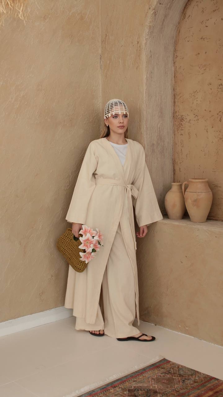 Keten Pantolonlu Kimono Takım