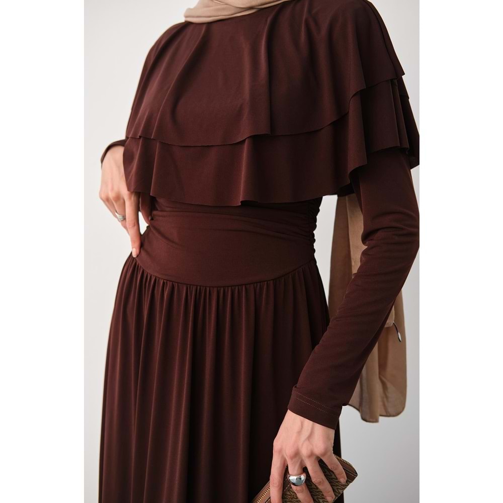 Omuz Fırfır Detay Sandy Kahverengi Elbise 40-42 Beden