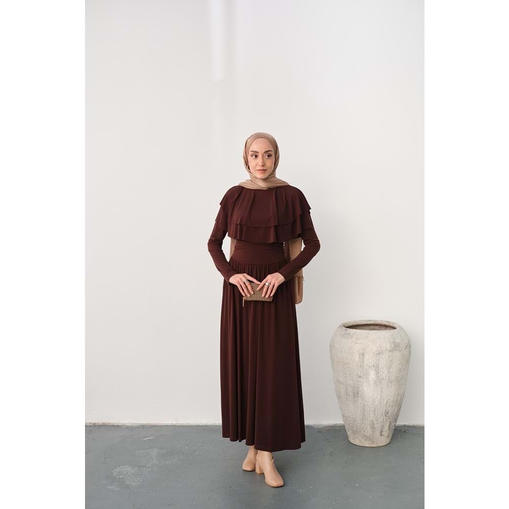 Omuz Fırfır Detay Sandy Kahverengi Elbise 40-42 Beden