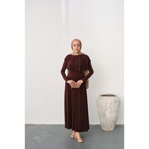 Omuz Fırfır Detay Sandy Kahverengi Elbise 40-42 Beden