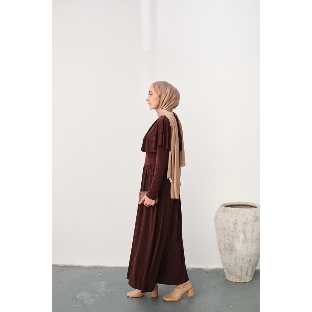 Omuz Fırfır Detay Sandy Kahverengi Elbise 40-42 Beden