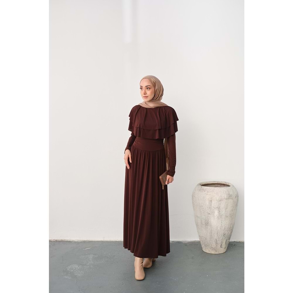 Omuz Fırfır Detay Sandy Kahverengi Elbise 40-42 Beden