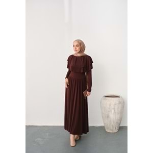 Omuz Fırfır Detay Sandy Kahverengi Elbise 40-42 Beden