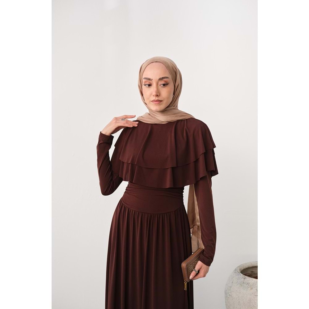 Omuz Fırfır Detay Sandy Kahverengi Elbise 40-42 Beden