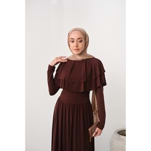 Omuz Fırfır Detay Sandy Kahverengi Elbise 40-42 Beden