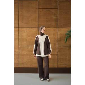 Çift Renk Fermuar Detay Scuba Kahverengi Takım 40-42 Beden