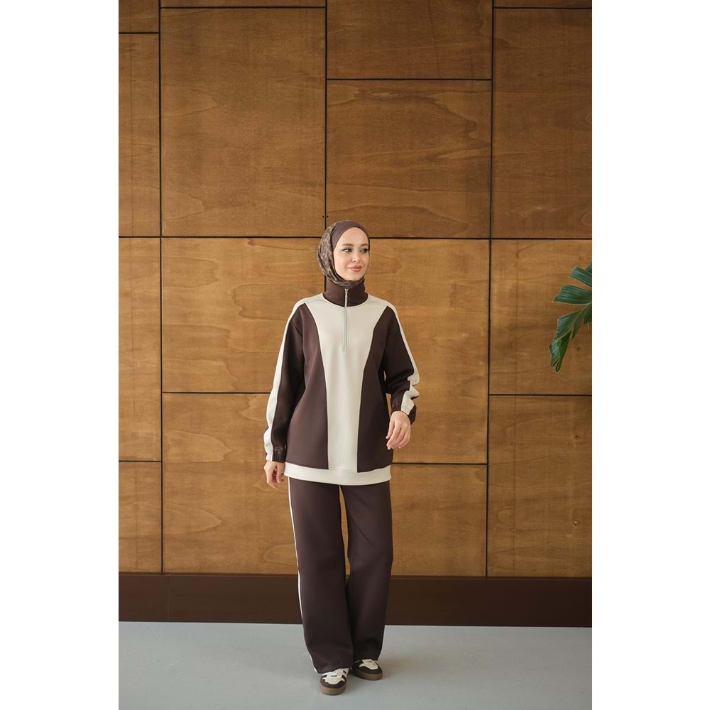 Çift Renk Fermuar Detay Scuba Kahverengi Takım 40-42 Beden