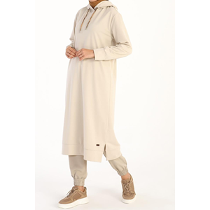 Allday Taş Leopar Bağcıklı Kapüşonlu Rahat Örme Tunik 42 Beden