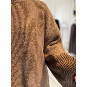 Oversize Geniş Kollu Rahat Kesim Kahverengi Kadın Triko Kazak