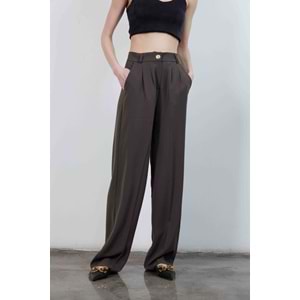 Pileli Palazzo Kumaş Kadın Beli Lastikli Kahverengi Pantolon M