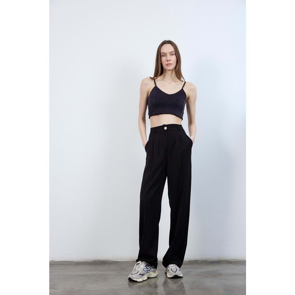 Pileli Palazzo Kumaş Kadın Beli Lastikli Siyah Pantolon M