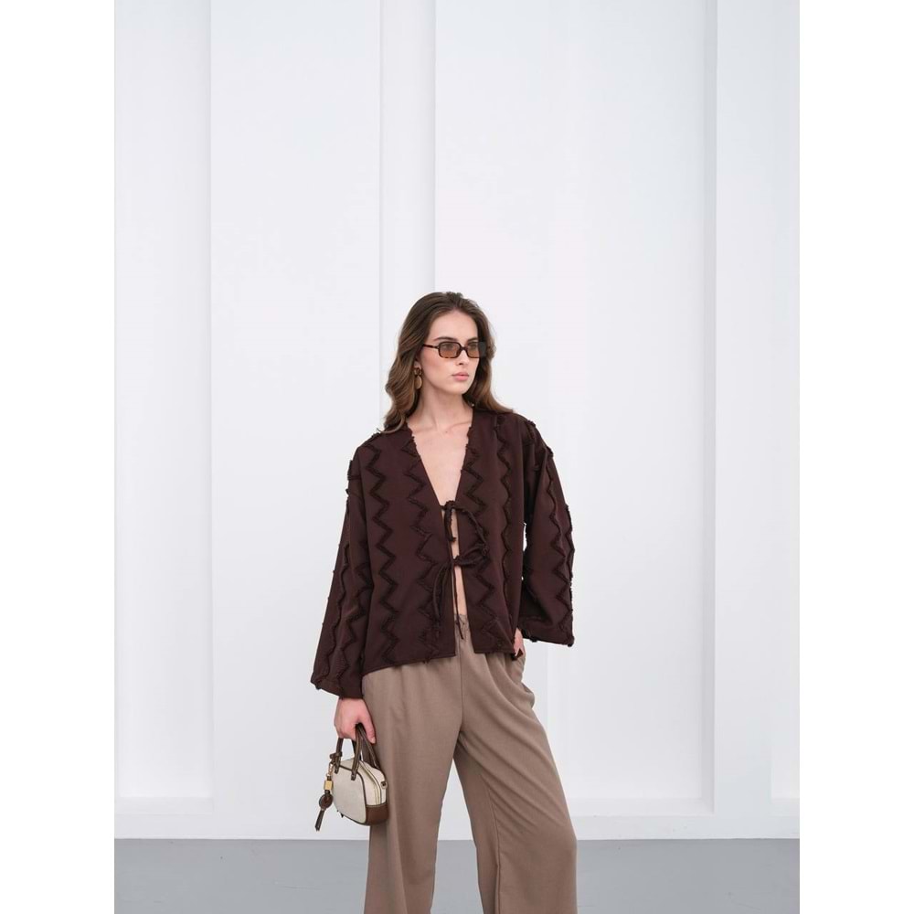 Zikzak Püsküllü İki İp Bağlamalı Kahverengi Kimono M (38-40 Beden)