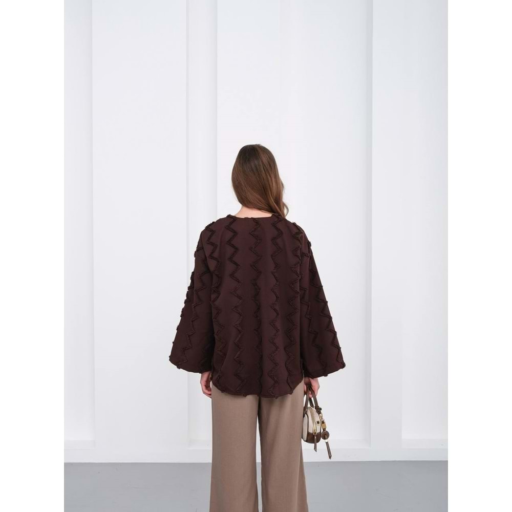 Zikzak Püsküllü İki İp Bağlamalı Kahverengi Kimono M (38-40 Beden)