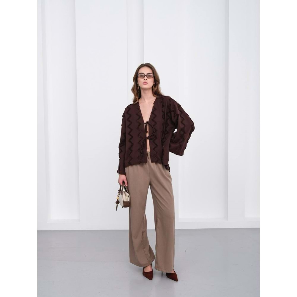 Zikzak Püsküllü İki İp Bağlamalı Kahverengi Kimono M (38-40 Beden)