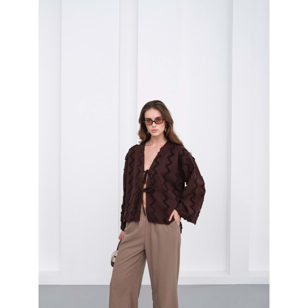 Zikzak Püsküllü İki İp Bağlamalı Kahverengi Kimono M (38-40 Beden)
