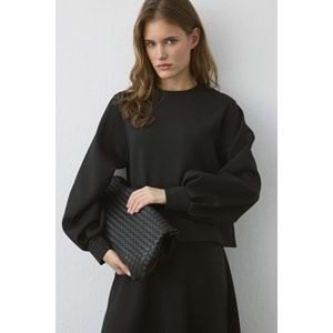 Siyah Bisiklet Yaka Pilikaşeli Balon Kol Etekli Takım S/M