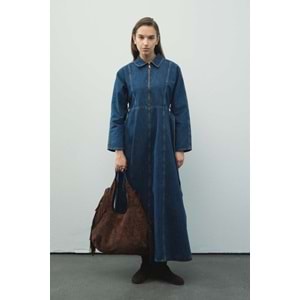 Fermuar Detaylı Denim Kot Mavi Elbise L/XL