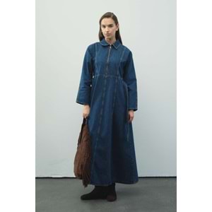 Fermuar Detaylı Denim Kot Mavi Elbise S/M
