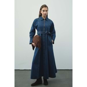 Fermuar Detaylı Denim Kot Mavi Elbise S/M