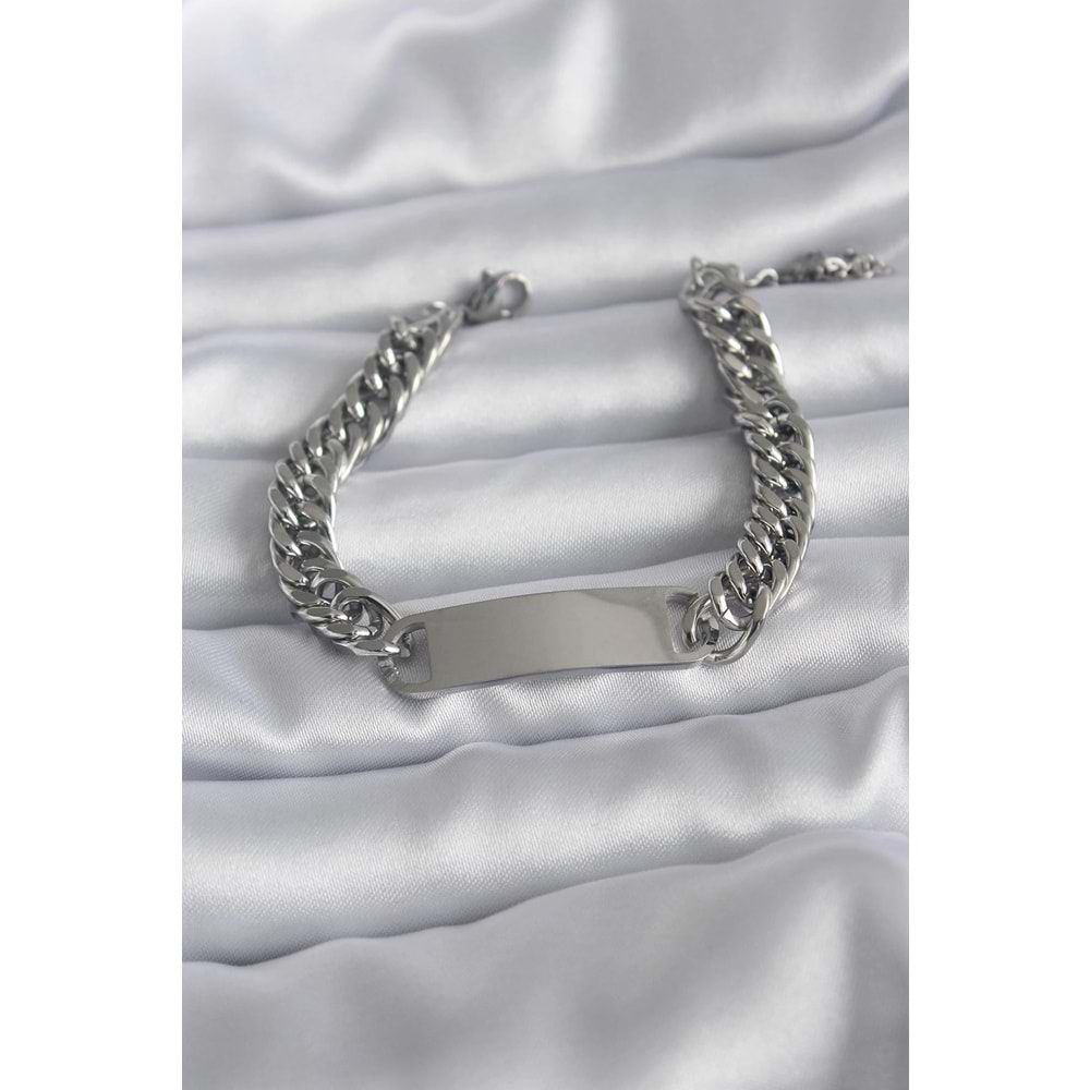 316L Çelik Gümüş Renk İsim Yazılabilir Plaka Model Kadın Bileklik