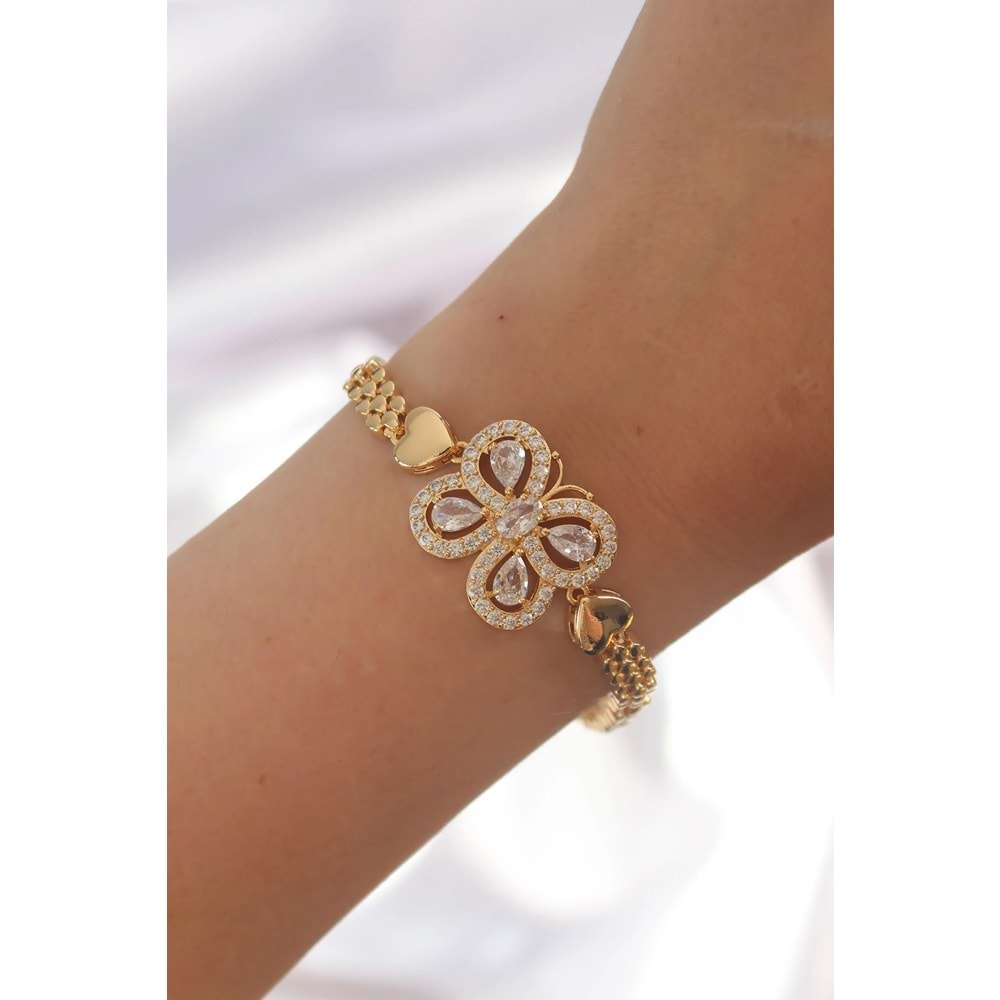 Pirinç Gold Renk Zirkon Taşlı Kelebek Figürlü Parçalı Model Bileklik