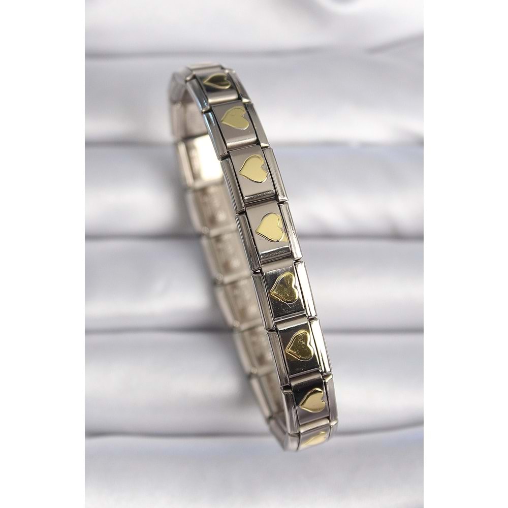 316L Çelik Gümüş Renk Gold Kalp İşleme Nomination Charm Bileklik