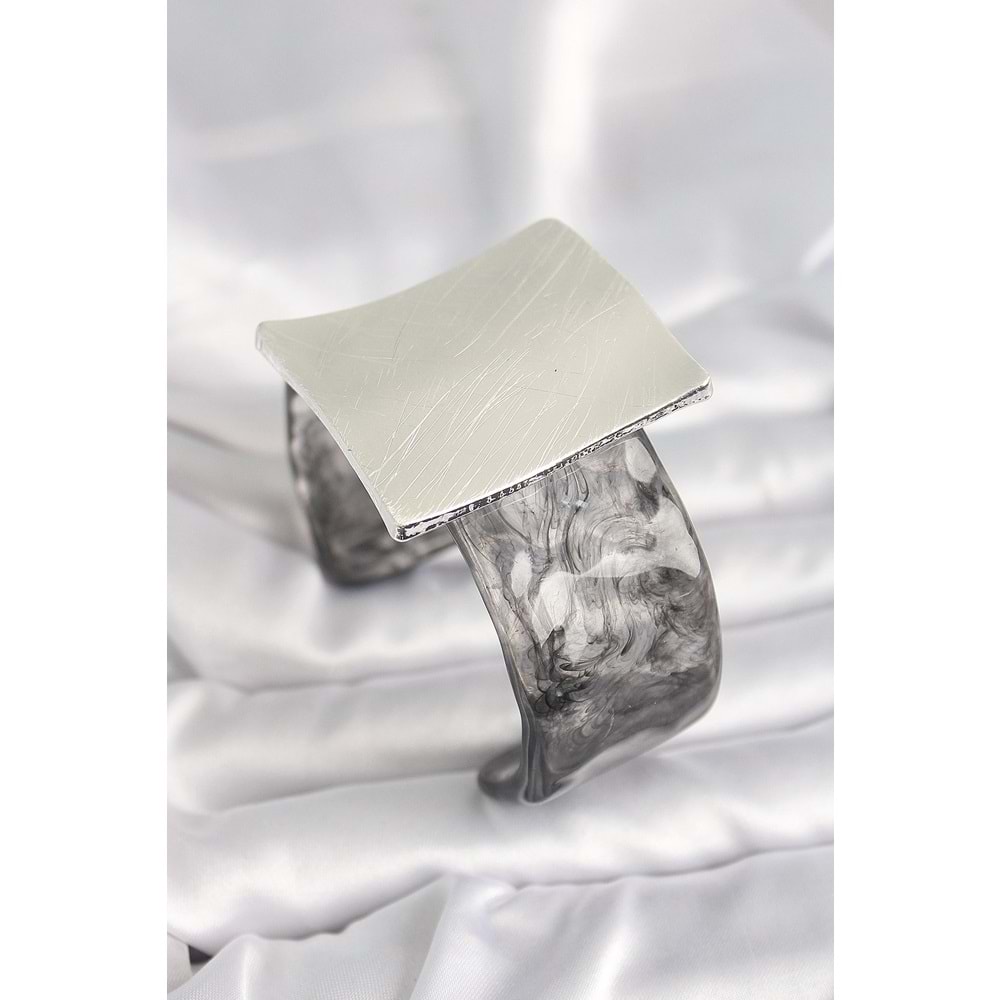 Siyah Mermer Desen Akrilik Plastik Gümüş Kare Plaka Model Vintage Kadın Bilezik