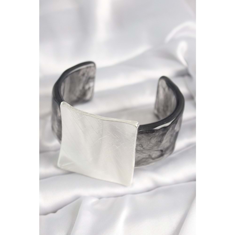 Siyah Mermer Desen Akrilik Plastik Gümüş Kare Plaka Model Vintage Kadın Bilezik