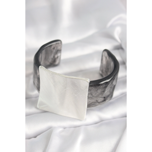 Siyah Mermer Desen Akrilik Plastik Gümüş Kare Plaka Model Vintage Kadın Bilezik