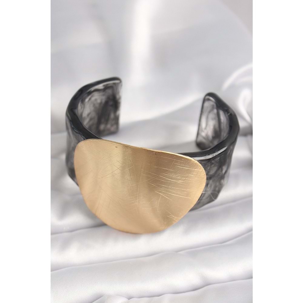 Siyah Mermer Desen Akrilik Plastik Gold Daire Plaka Model Vintage Kadın Bilezik