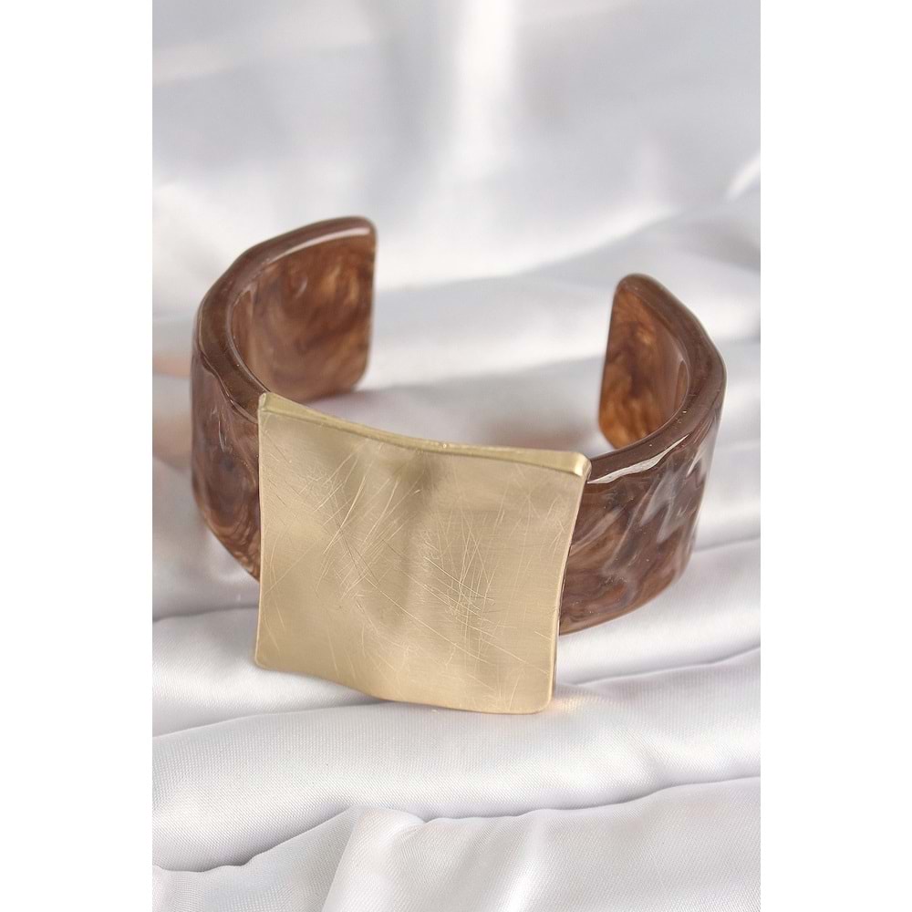 Kahverengi Mermer Desen Akrilik Plastik Gold Kare Plaka Model Vintage Kadın Bilezik