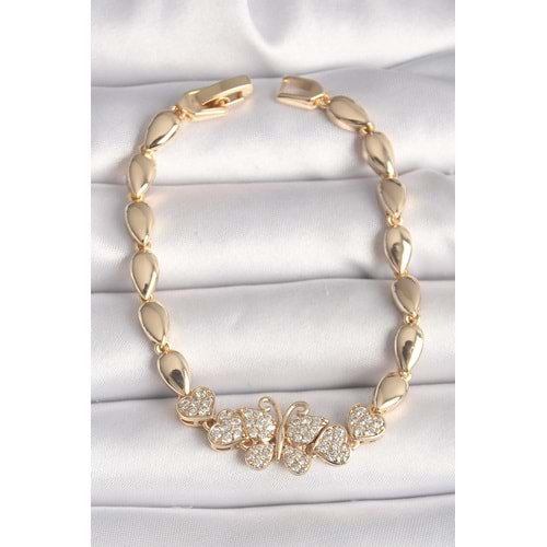 Pirinç Gold Renk Zirkon Taşlı Kelebek Figür Damla Zincir Model Kadın Bileklik