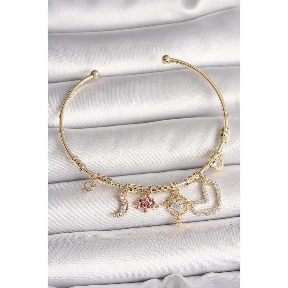 Pirinç Gold Renk Zirkon Taşlı Sallantı Gezegen Model Yıldız Detay Charm Kadın Bileklik