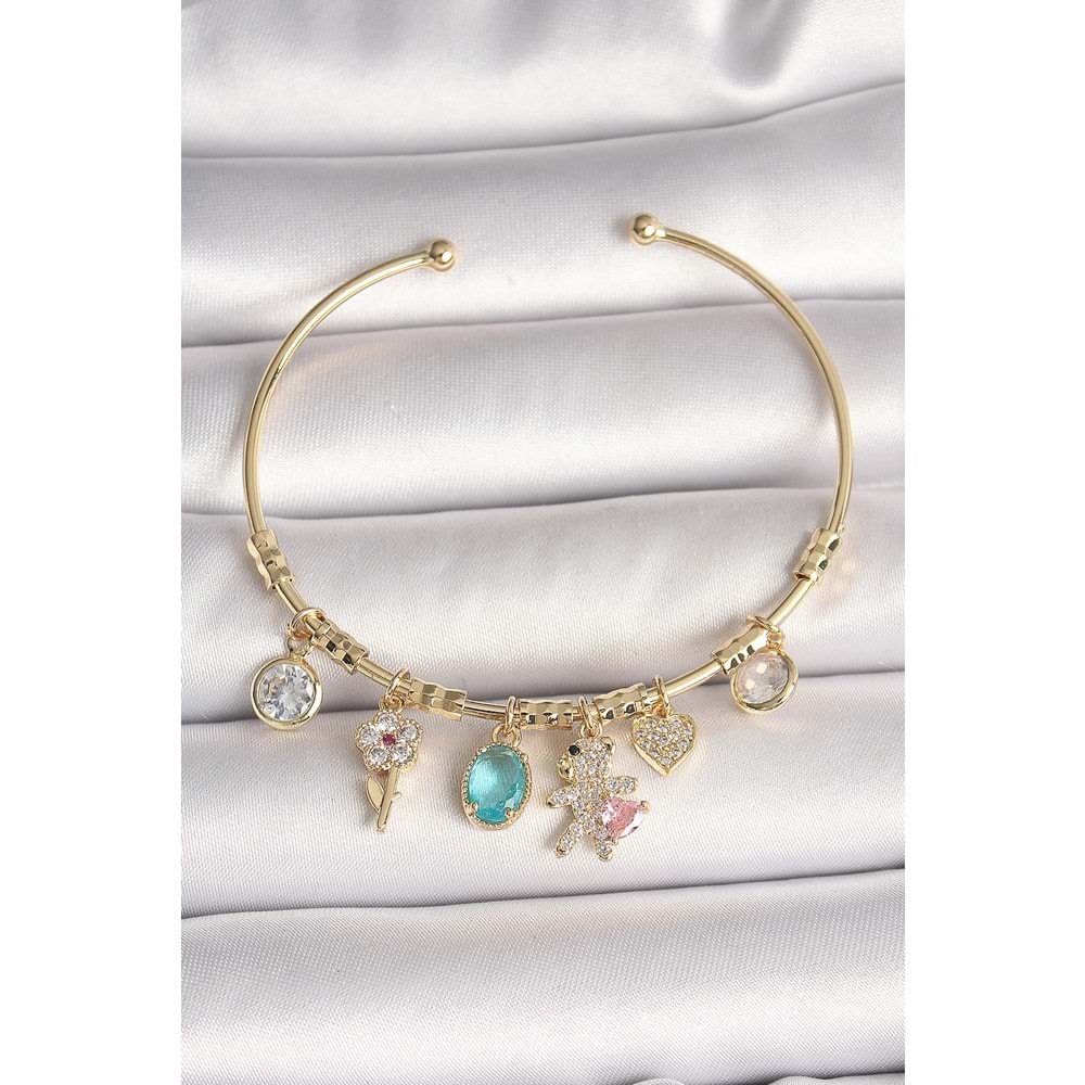 Pirinç Gold Renk Sallantı Zirkon Taşlı AYıcık Figür Kalp Detay Charm Kadın Bileklik