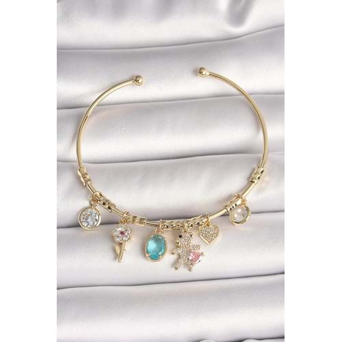 Pirinç Gold Renk Sallantı Zirkon Taşlı AYıcık Figür Kalp Detay Charm Kadın Bileklik