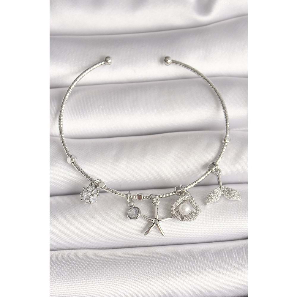 Pirinç Gümüş Renk Sallantı Zirkon Taşlı Deniz Yıldız Figür Balık Kuyruğu Detay Charm Kadın Bileklik