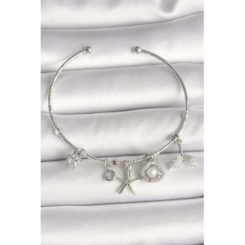 Pirinç Gümüş Renk Sallantı Zirkon Taşlı Deniz Yıldız Figür Balık Kuyruğu Detay Charm Kadın Bileklik