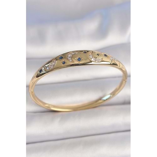 Pirinç Gold Renk Zirkon Taşlı Hilal İşleme Mavi Taşlı Yıldız Detay Kadın Kelepçe