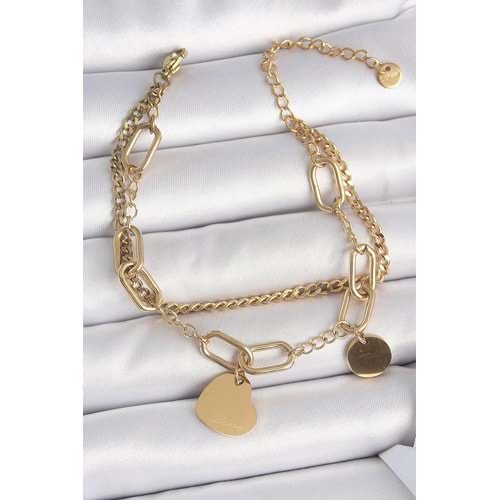 316L Çelik Gold Renk 2'Li Zincir Model Sallantı Kalp Figür Kadın Bileklik